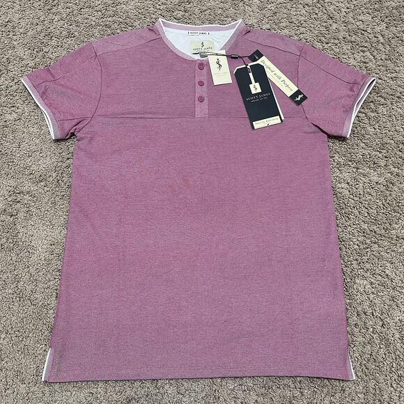 Scott James Shirt Men Medium Pink Henley Raspberry Lavender Short Sleeve Stretch - Picture 1 of 13